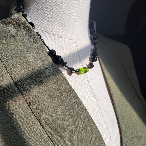Black & Green Stone and Bead Necklace - Picture 2 of 5